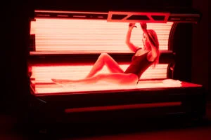 Woman in a black swimsuit entering a red light therapy bed Woman in a black swimsuit entering a red light therapy bed