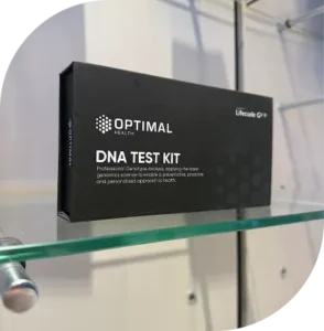 Re:nu Optimal Health DNA health testing kit on a glass shelf.