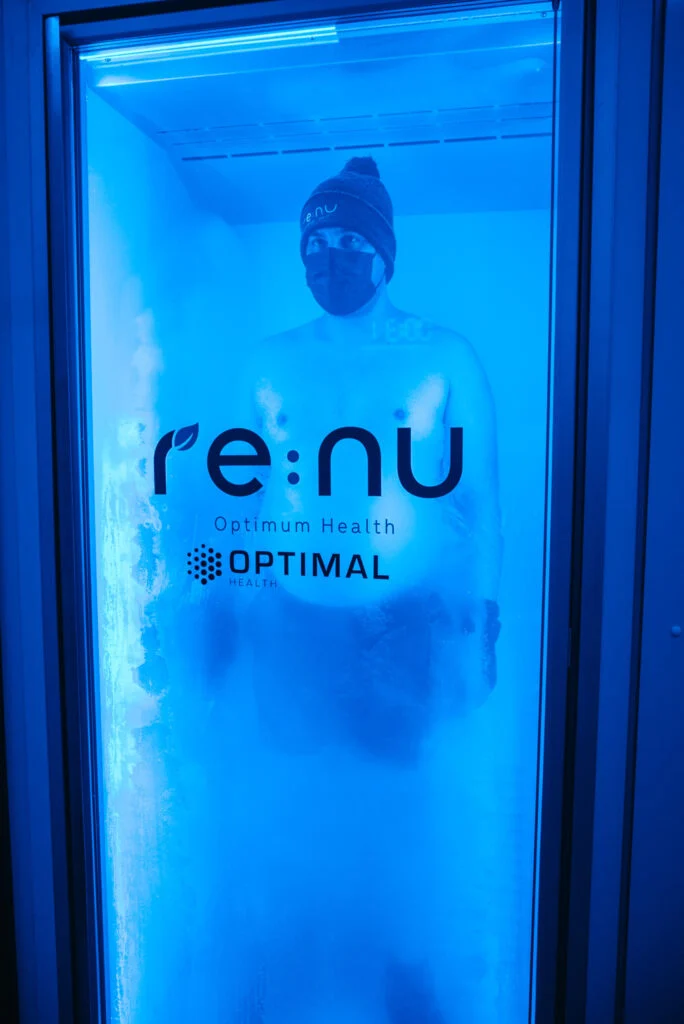 Re:nu customer using whole-body cryotherapy to relieve winter aches and pains.