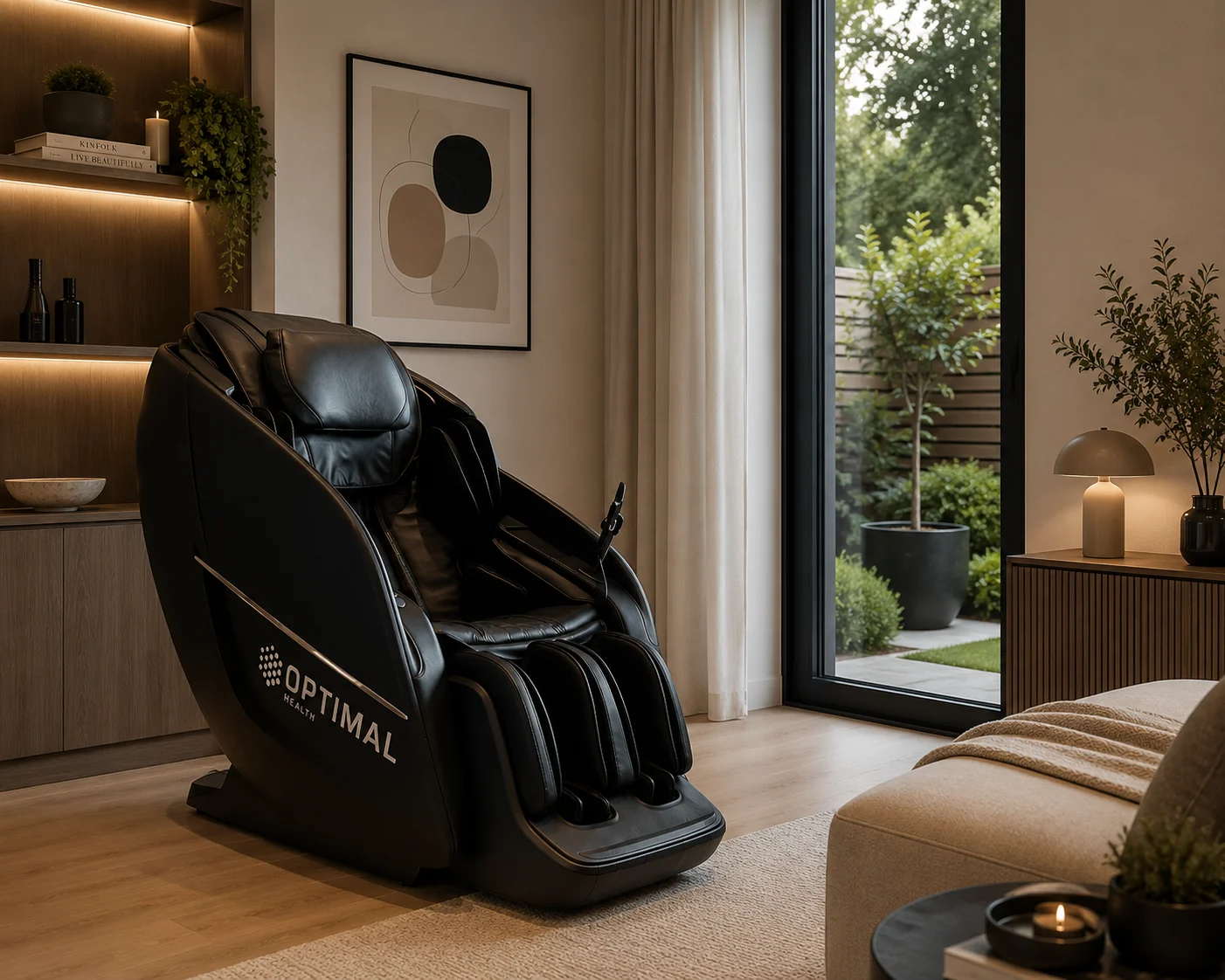 Empty massage chair with black leather and rose-gold trim in a softly lit lounge setting.