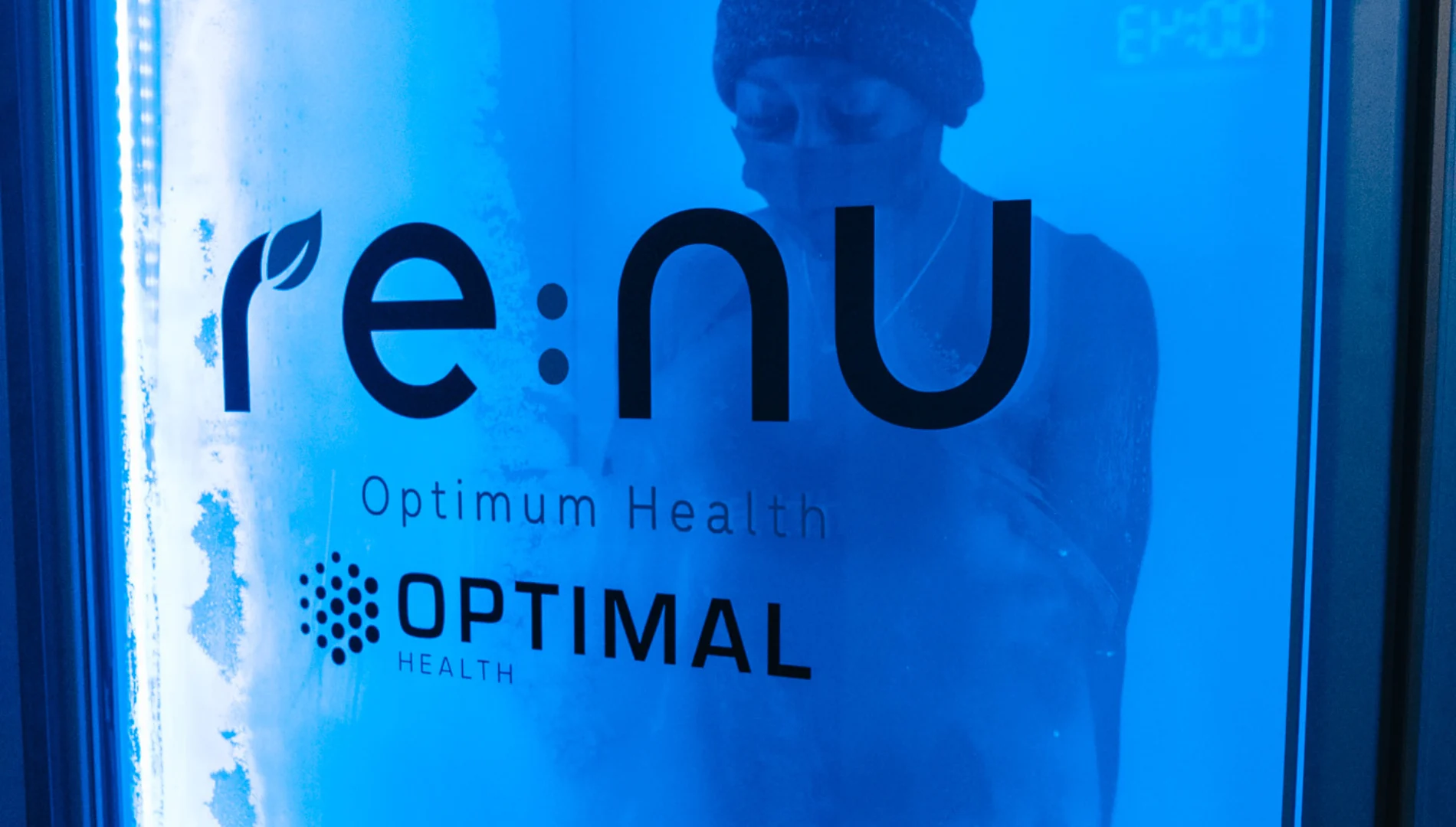 Re:nu London client using a cryotherapy chamber at Re:nu Optimum Health, Greenwich.